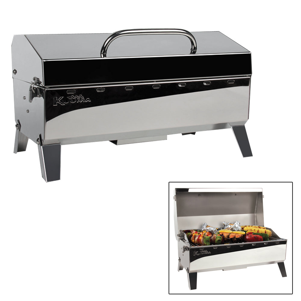Kuuma Stow N Go 160 gas grill with thermometer and ignitor on deck or galley setup, by Kuuma Products.