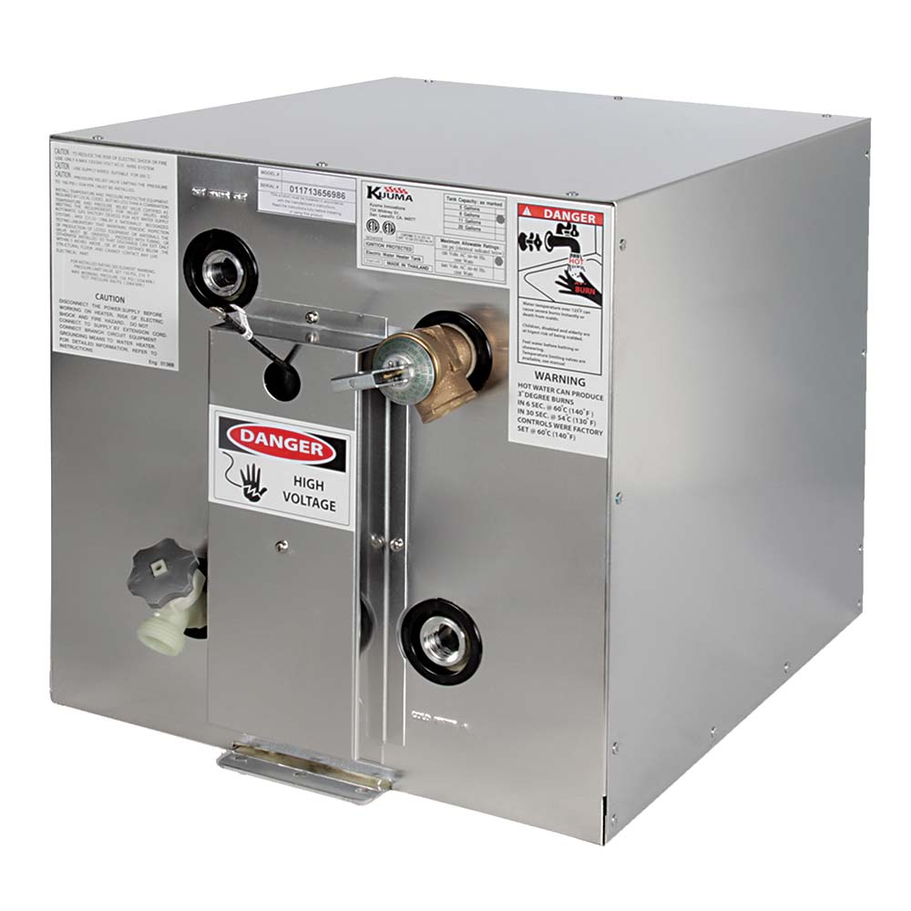 Kuuma 11812 6-gallon water heater in a utility setting, showing its compact design and power connection for 120V hot water heating.