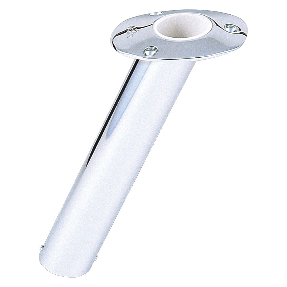 Stainless steel Lee's 30 Degree Flush Mount Rod Holder with 2-inch diameter for boat fishing, featuring a durable, sleek design.