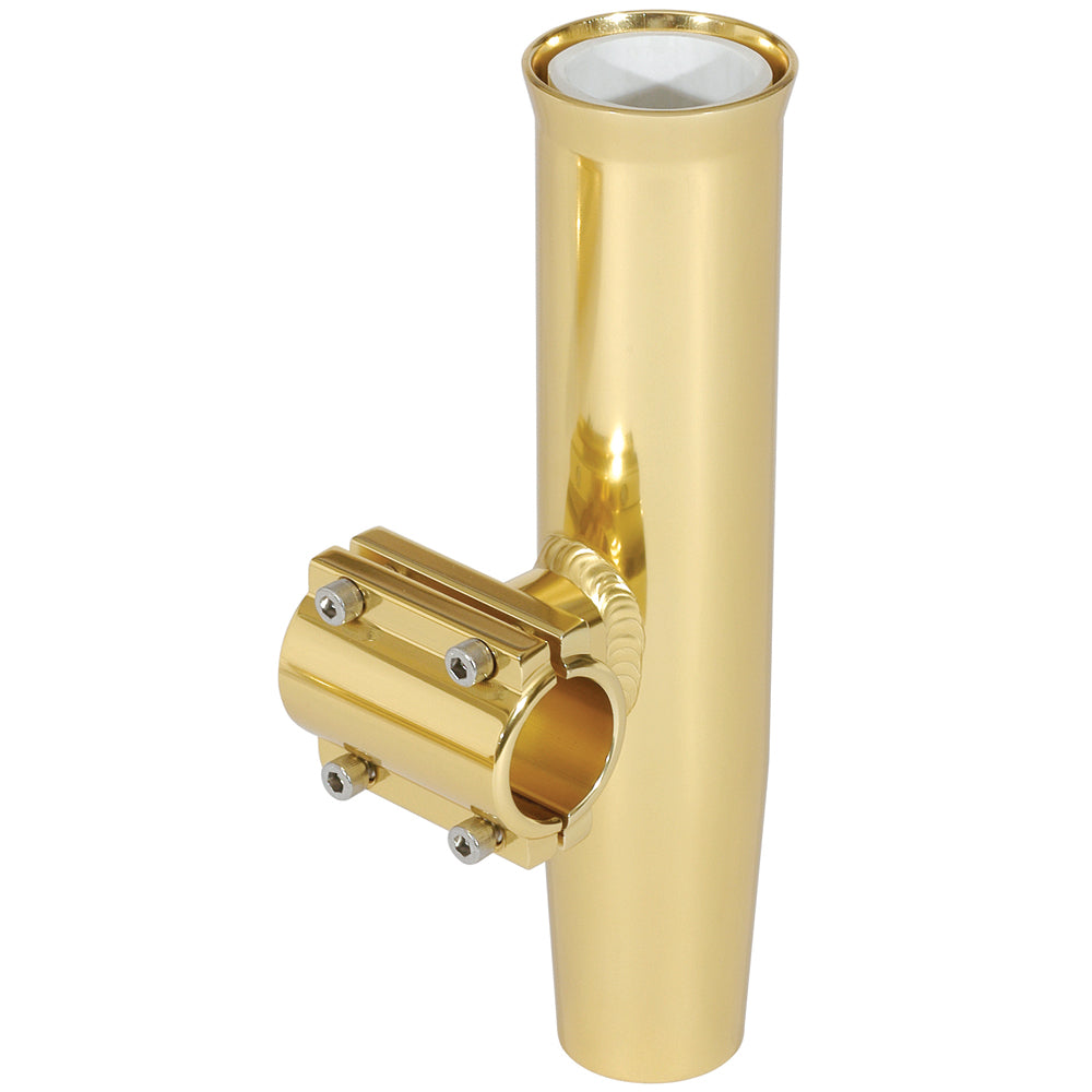 Gold aluminum Lee's Clamp-On Rod Holder attached horizontally to a 1.315-inch O.D. pipe, designed for fishing rod storage.