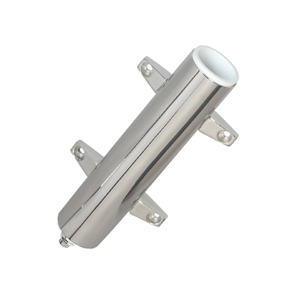 Lee's stainless steel heavy-duty bulkhead mount rod holder with swivel base, 2.25-inch diameter tube, ideal for boat fishing.