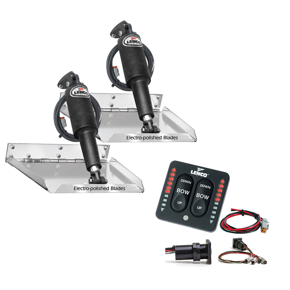Lenco Marine 12x12-inch standard performance trim tab kit with LED indicator switch for 12V boats, including hardware and wiring.