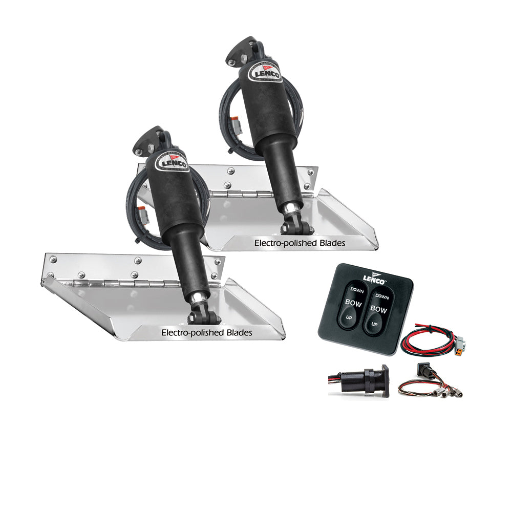 Lenco Marine 12x9 standard performance trim tab kit with tactile switch for 12V boats, includes trim tabs and switch kit.