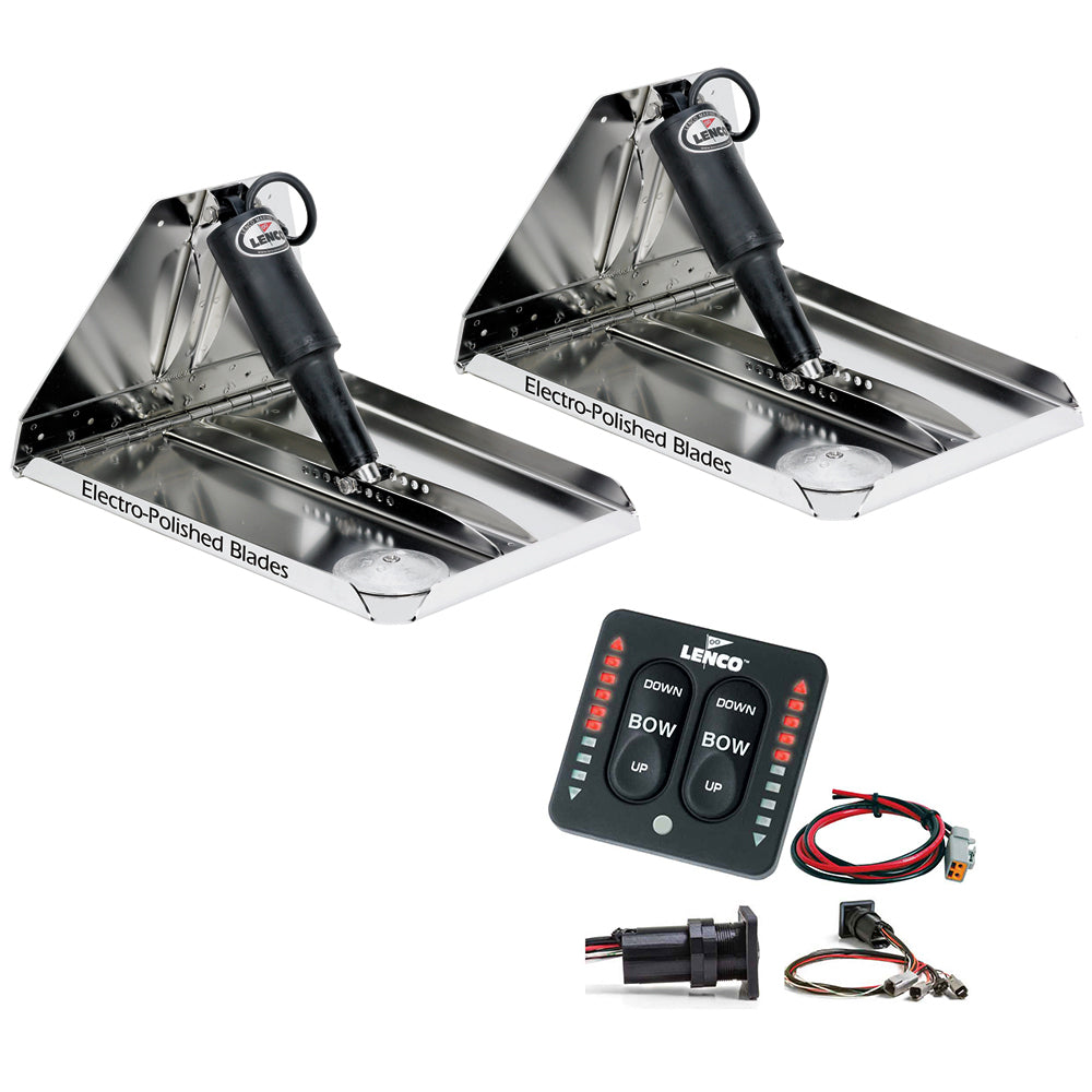 Lenco Marine 18x14 heavy duty performance trim tab kit with LED indicator switch for 12V boats, shown installed on a vessel.