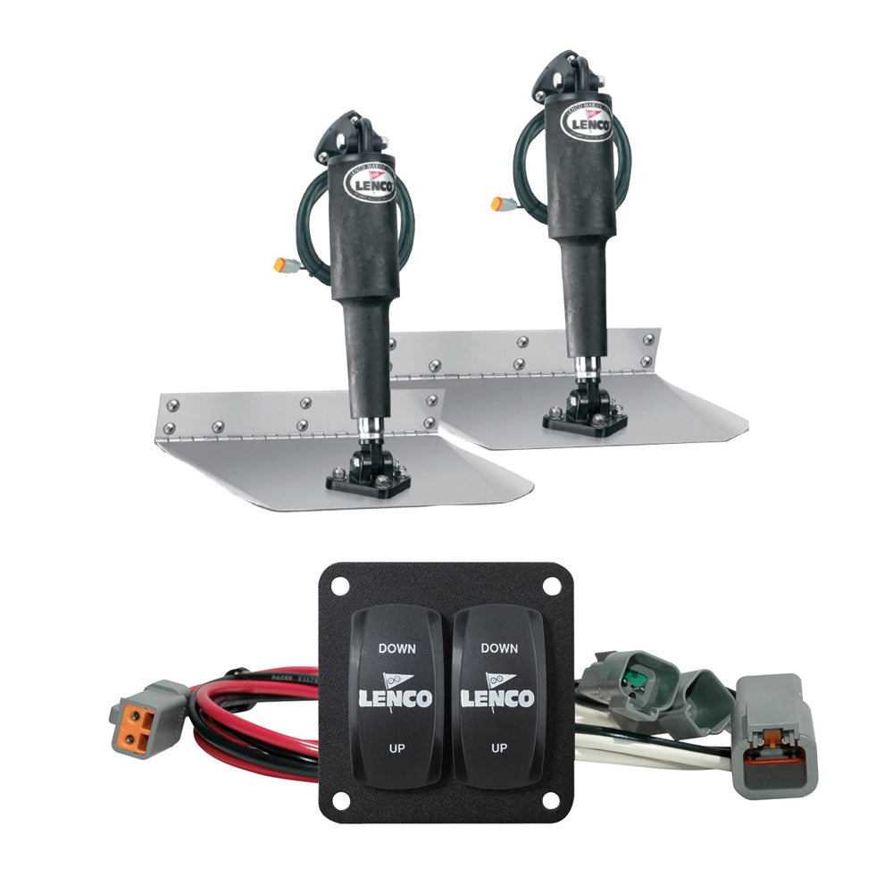 Lenco Marine 9x12-inch standard trim tab kit with double rocker switch, includes hydraulic actuators and mounting hardware.