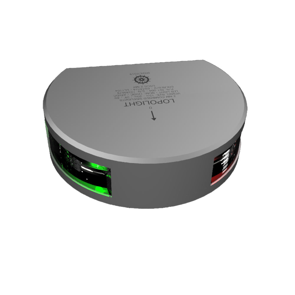 Lopolight Series 201-004 navigation lights, starboard port sidelights with green and red lenses, silver housing, vertical mount.