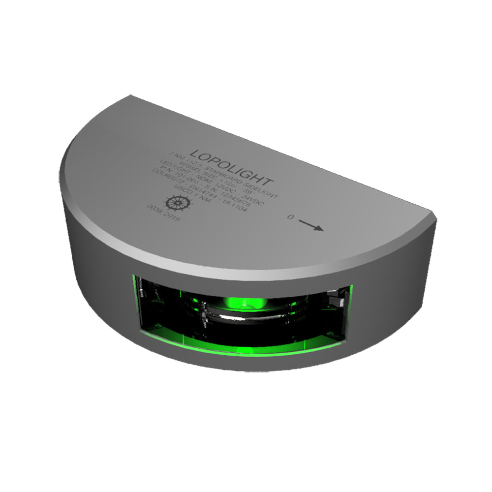 Lopolight Series 101-001 starboard side navigation light, green, vertical mount, silver housing, 1 nautical mile visibility.
