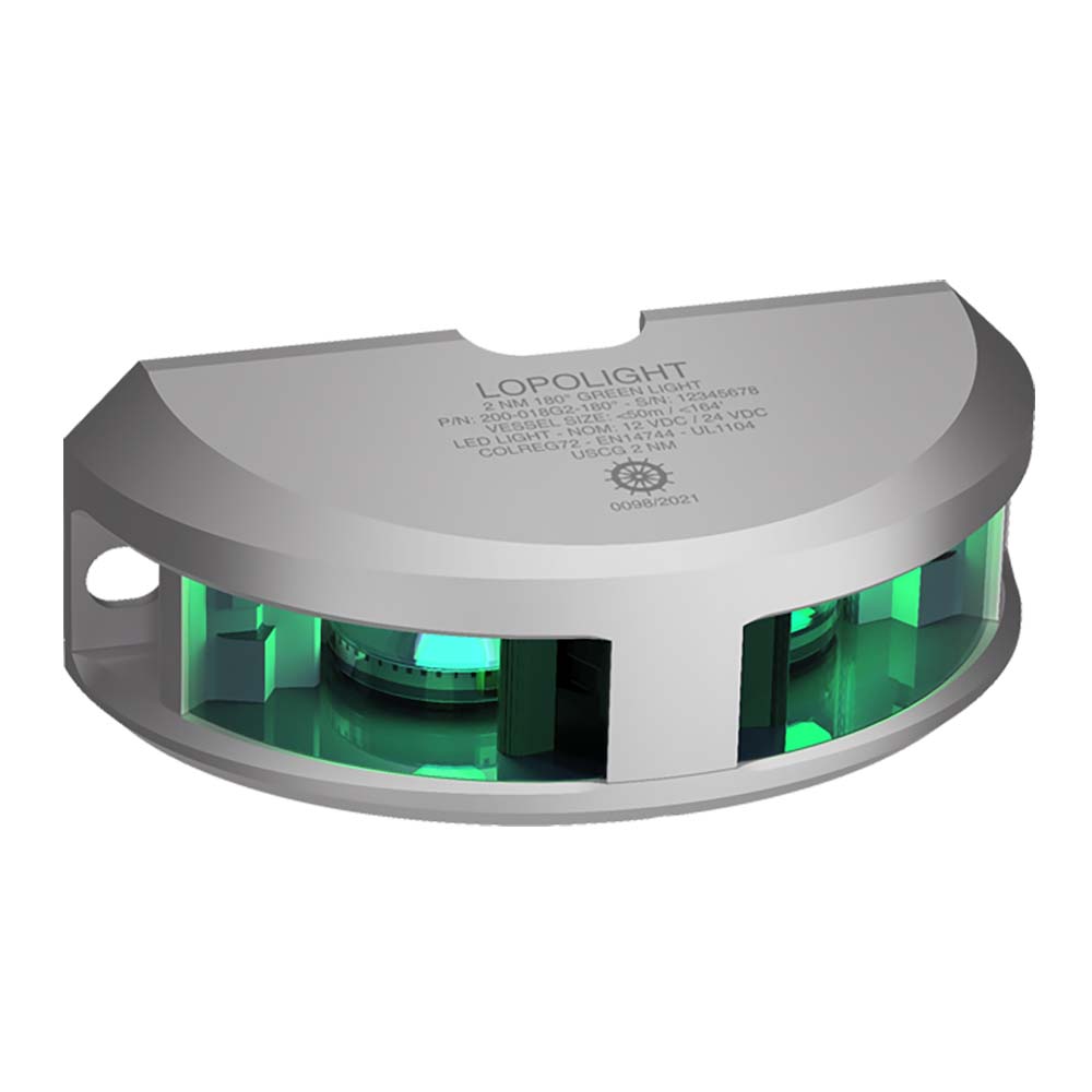 Lopolight Series 200-018 navigation light with green lens, silver housing, vertical mount, 2 nautical miles visibility, for marine vessels.