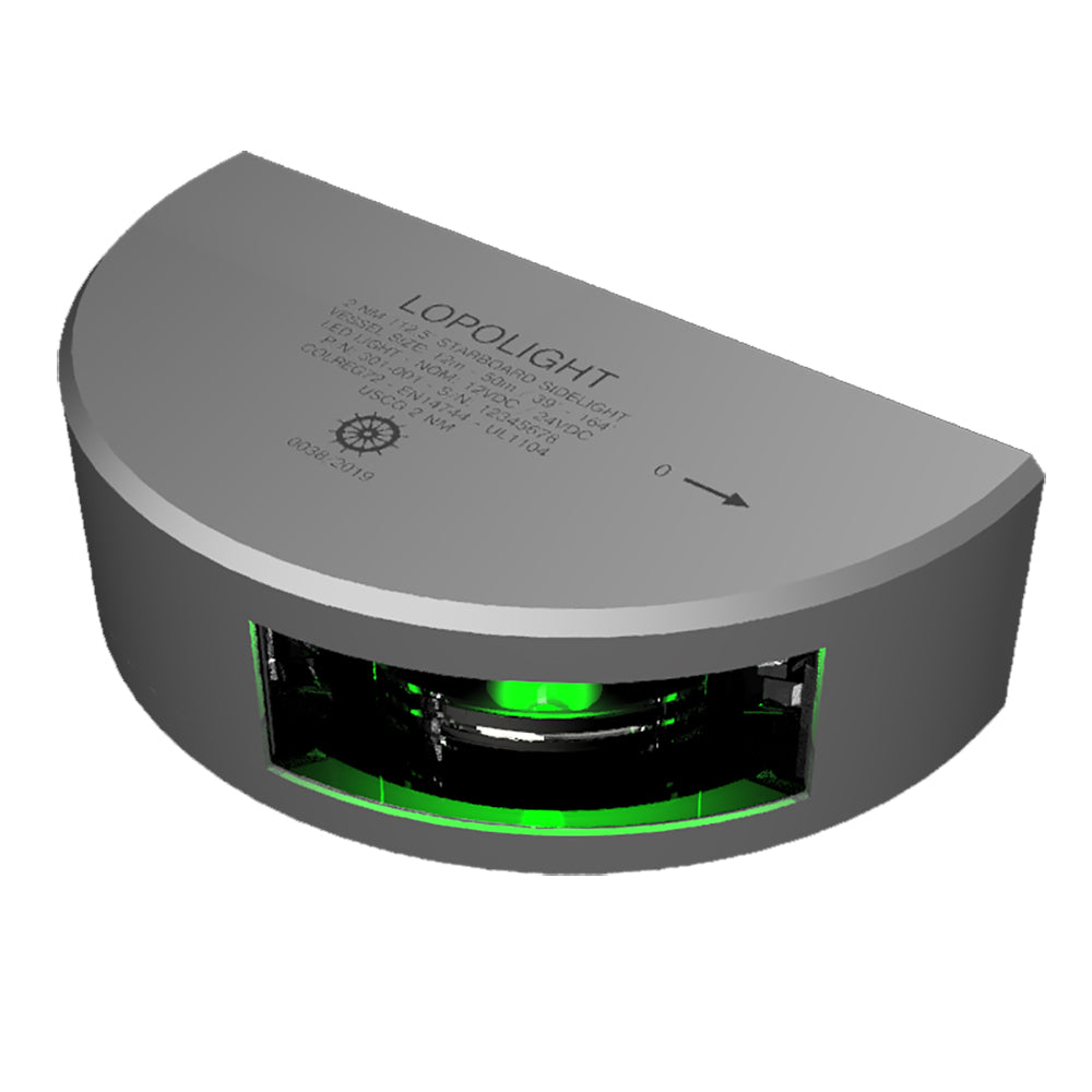 Lopolight Series 301-001 navigation light with green lens, silver housing, vertical mount, 2NM visibility, and 6m cable.