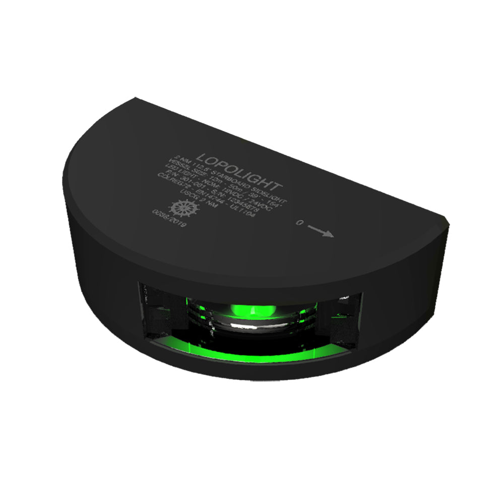 Lopolight Series 301-001 starboard navigation sidelight with green lens, black housing, vertical mount, 2 nautical mile visibility