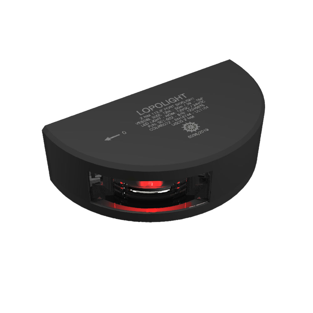 Lopolight Series 301-002 port sidelight navigation light, red with black housing, vertical mount, 2 nautical mile visibility