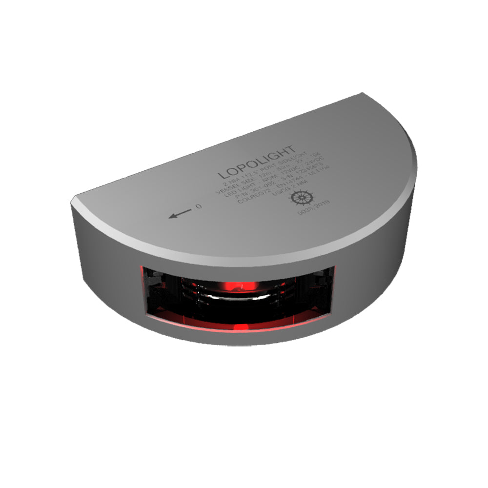 Lopolight Series 301-002 port sidelight navigation light, red lens, vertical mount, silver housing, 2 nautical miles visibility