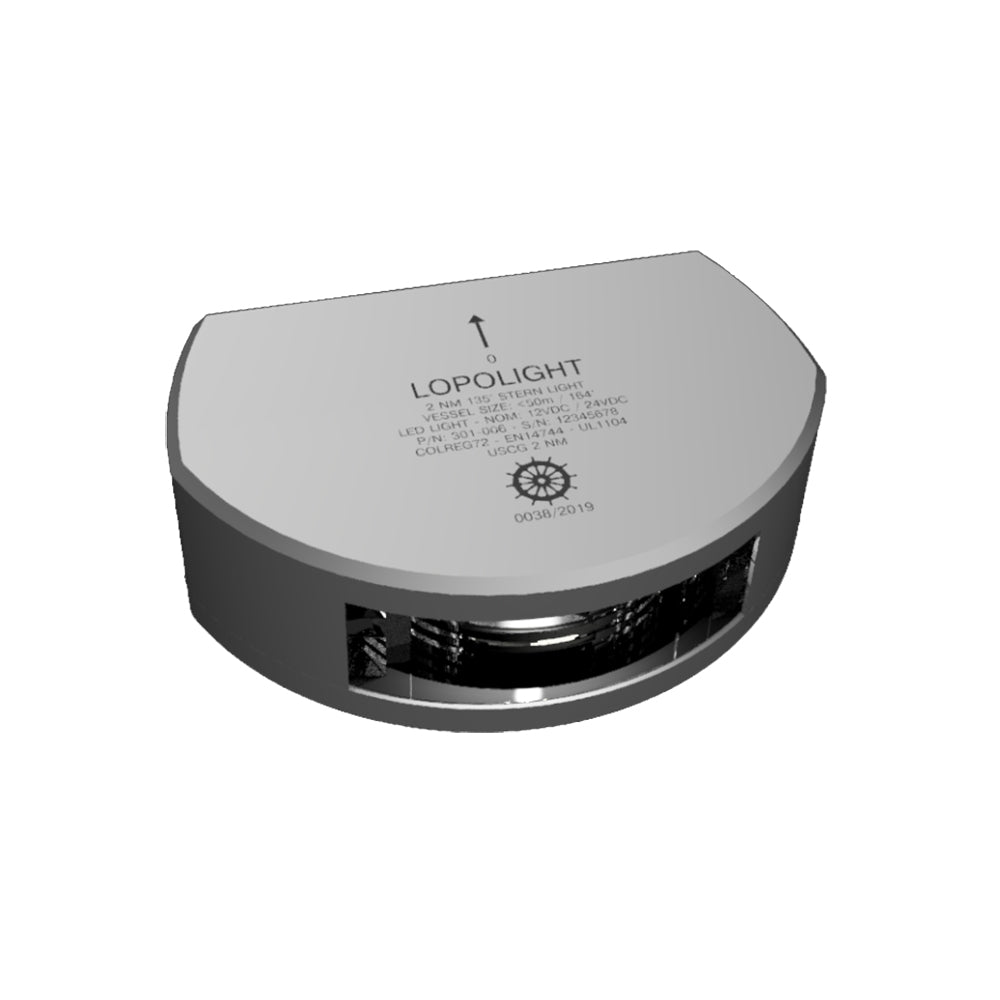 Lopolight Series 301-006 stern navigation light with white lens, silver housing, vertical mount, 2 nautical mile visibility