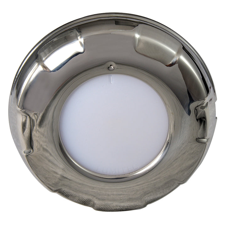 Lumitec Aurora LED dome light in polished stainless steel finish with 2-color white and blue dimming, ideal for marine or RV use.