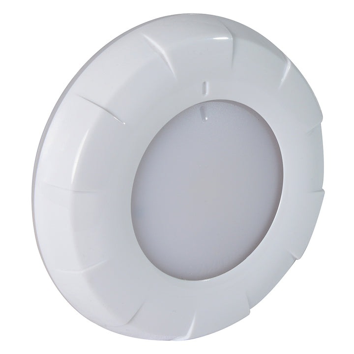 Lumitec Aurora LED Dome Light in white finish with white and blue dimming options, ideal for marine or RV interior lighting.