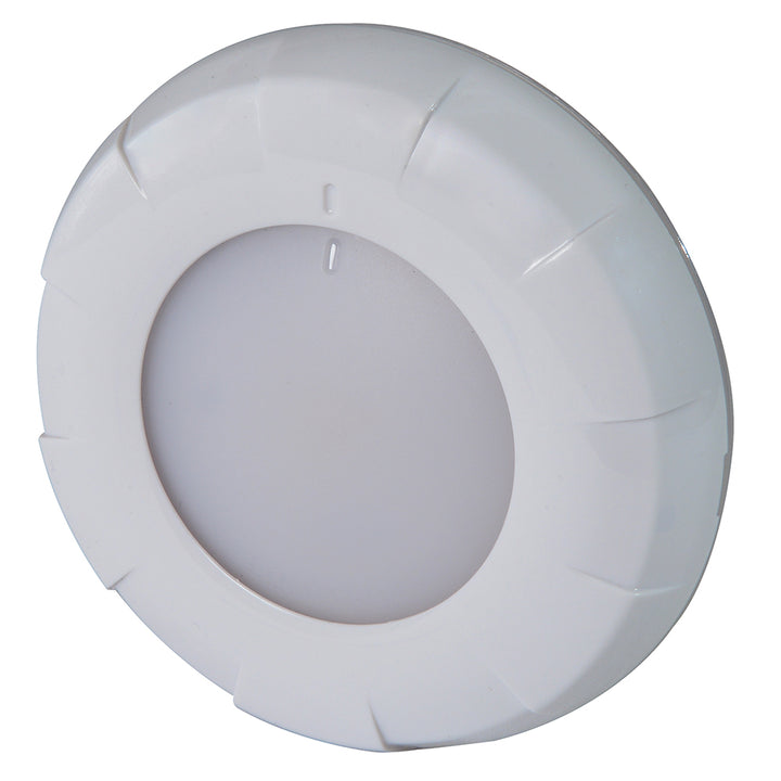 Lumitec Aurora LED dome light in white finish with white and red dimming, designed for interior lighting applications.