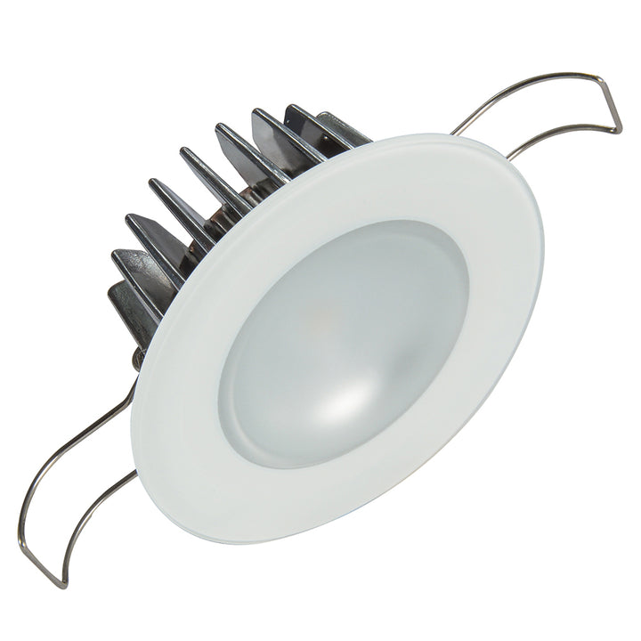 Lumitec Mirage flush mount down light with glass finish, no bezel, warm white dimming, designed for indoor dome lighting.