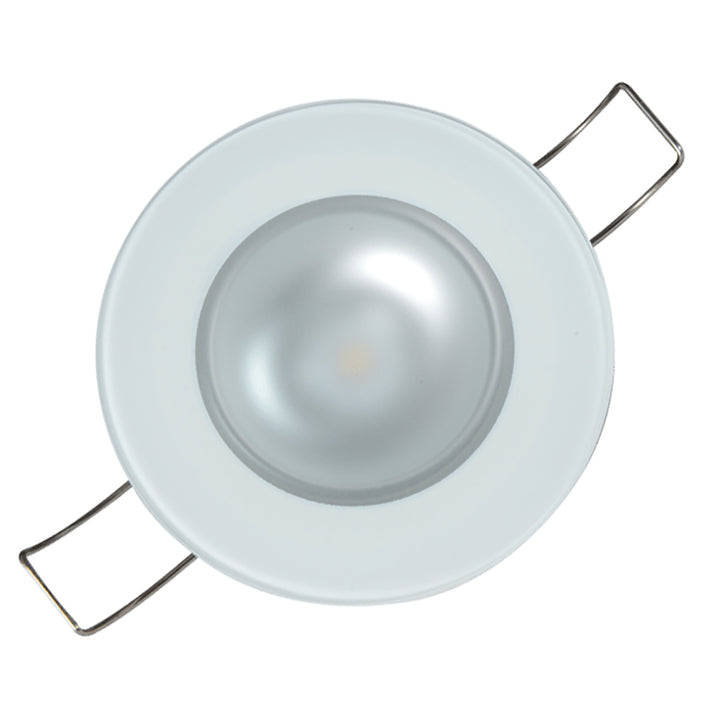 Lumitec Mirage flush mount down light with glass finish, no bezel, warm white dimming, ideal for dome or down lighting.