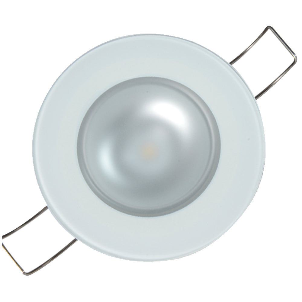 Lumitec Mirage RGBW flush mount down light with glass bezel, showcasing spectrum lighting in a sleek dome design.