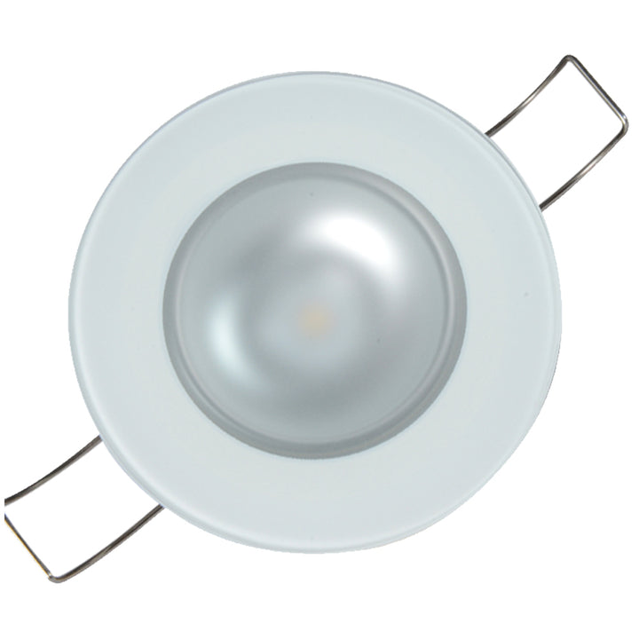 Lumitec Mirage RGBW flush mount down light with glass bezel, showcasing spectrum lighting in a sleek dome design.