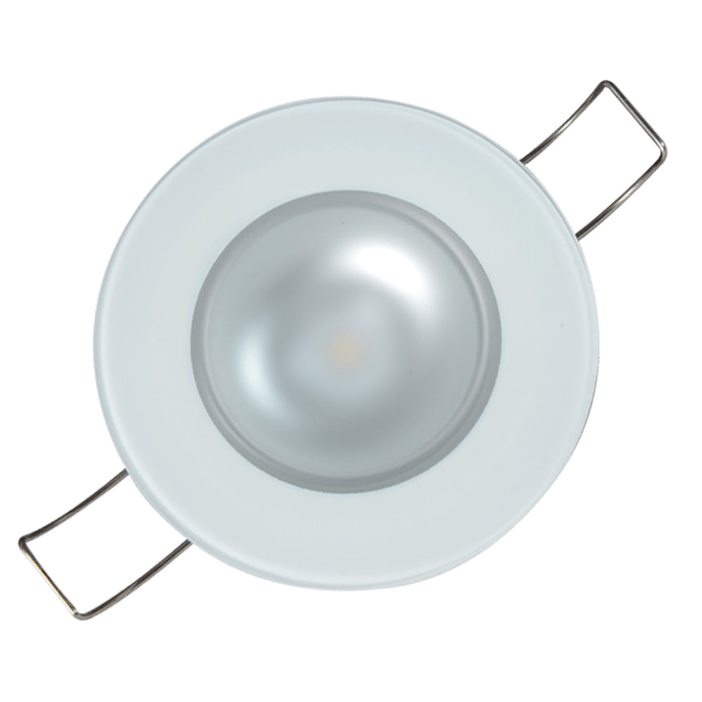 Lumitec Mirage RGBW flush mount down light with glass bezel, dome-style LED lighting for versatile interior illumination.