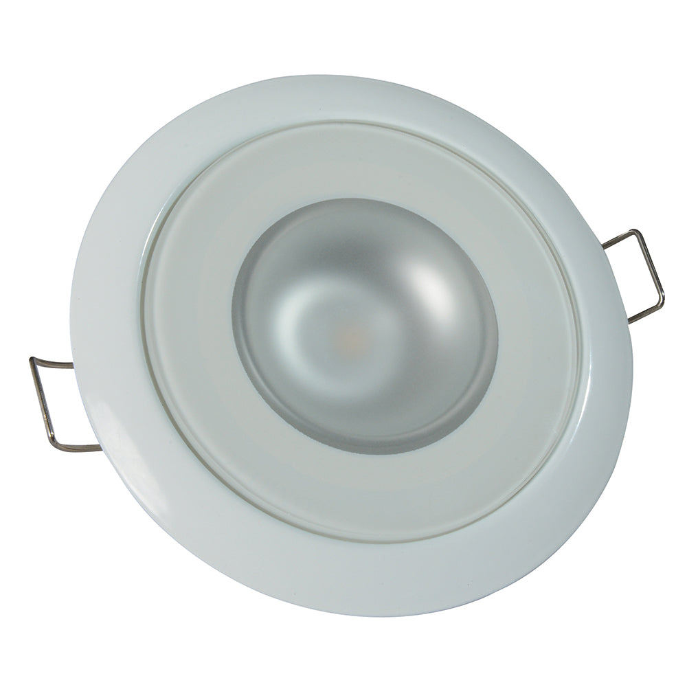 Lumitec Mirage RGBW flush mount down light with white housing, dome-style LED lighting for versatile interior or exterior use.