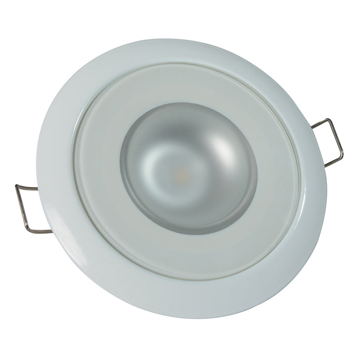 Lumitec Mirage RGBW flush mount down light with white housing, dome-style LED lighting for versatile interior or exterior use.