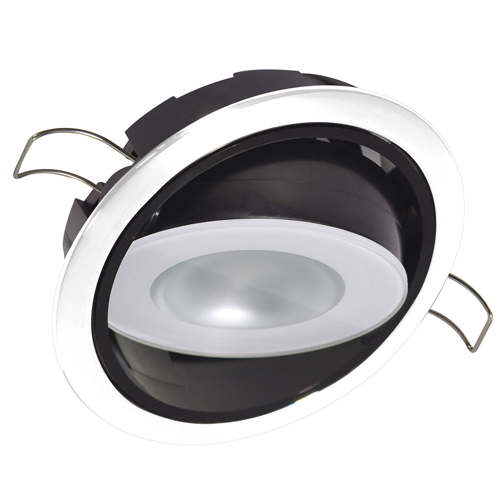 Lumitec Mirage RGBW down light with white bezel, positionable dome-style LED lighting for adjustable spectrum and dimming options.