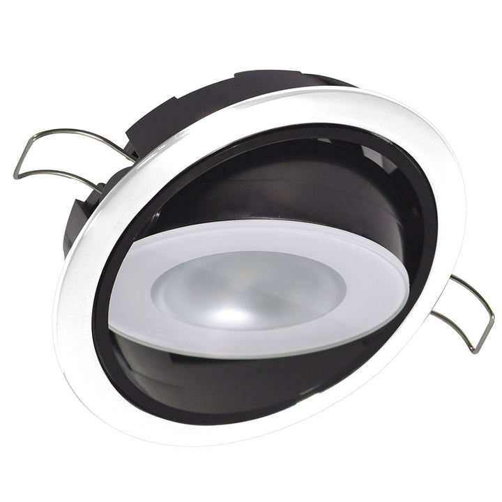 Lumitec Mirage RGBW down light with white bezel, positionable dome-style LED lighting for adjustable spectrum and dimming options.