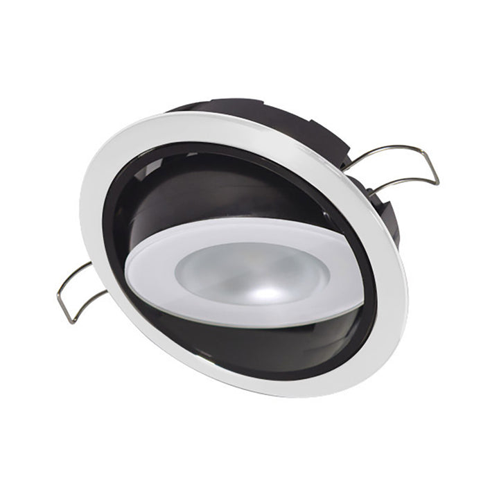 Lumitec Mirage RGBW down light with white bezel, positionable dome lighting for adjustable spectrum and dimming in modern interiors.