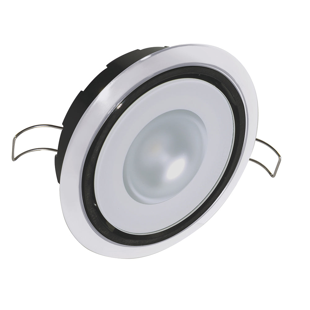 Lumitec Mirage RGBW down light with white bezel, positionable dome light featuring spectrum color options and dimming functionality.