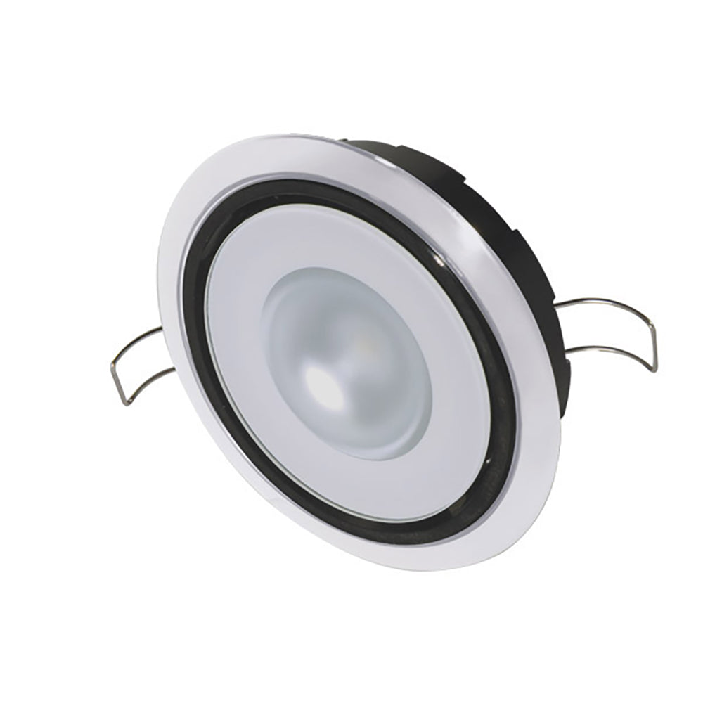 Lumitec Mirage RGBW down light with white bezel, positionable dome light featuring spectrum color and dimming functionality.