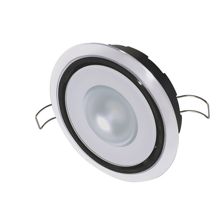 Lumitec Mirage RGBW down light with white bezel, positionable dome light featuring spectrum color and dimming functionality.