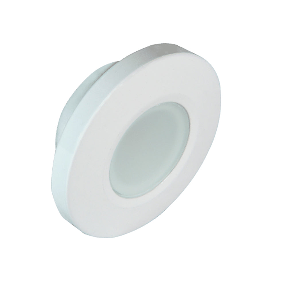 Lumitec Orbit flush mount down light with blue and red non-dimming options, white dimming version, housed in white dome.