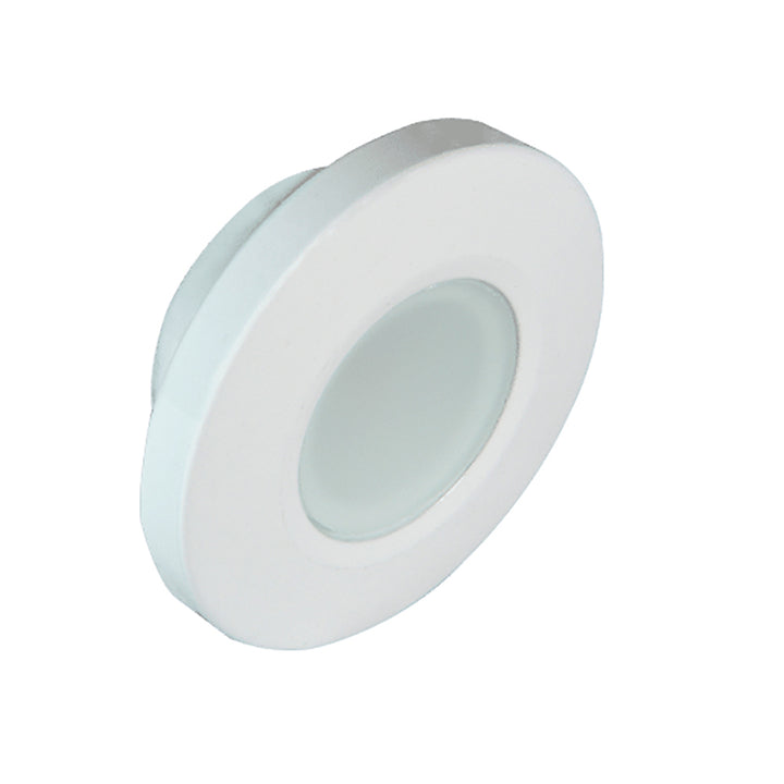 Lumitec Orbit flush mount down light with blue and red non-dimming options, white dimming version, housed in white dome.