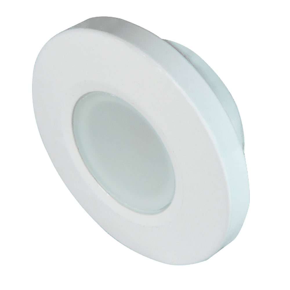 Lumitec Orbit flush mount down light with white housing, featuring blue non-dimming, red non-dimming, and white dimming LED options.