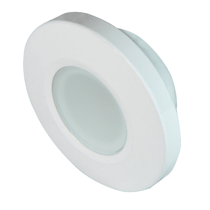 Lumitec Orbit flush mount down light with white housing, featuring blue non-dimming, red non-dimming, and white dimming LED options.