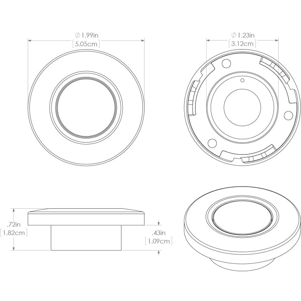 Lumitec Orbit flush mount down light with blue non-dimming, red non-dimming, and white dimming options in white housing.