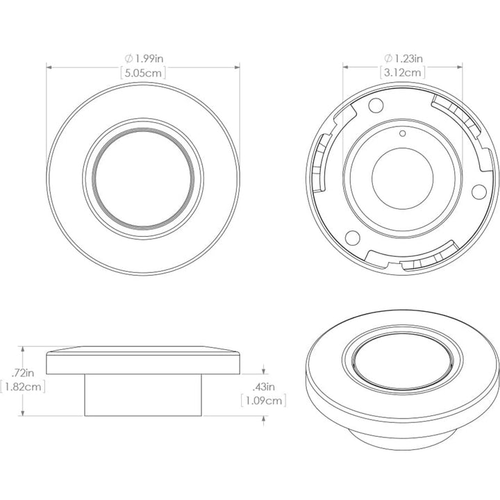Lumitec Orbit flush mount down light with blue non-dimming, red non-dimming, and white dimming options in white housing.