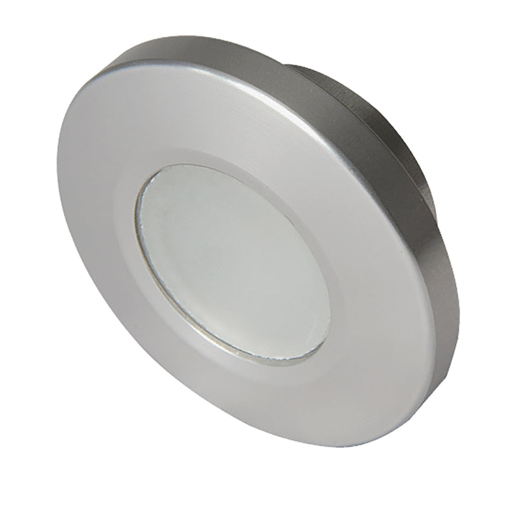Lumitec Orbit flush mount down light with brushed finish, showing white, red, blue, and purple color options in a dome design.