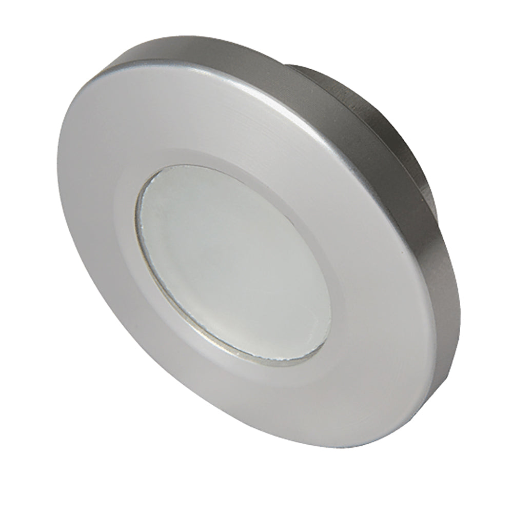 Lumitec Orbit flush mount down light with brushed finish, white non-dimming dome lighting for ceilings or decks.