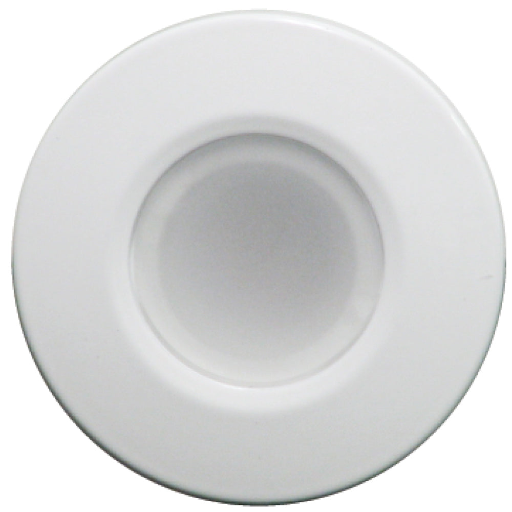 Lumitec Orbit flush mount down light with white finish, featuring dual-color blue and white dimming for dome lighting.