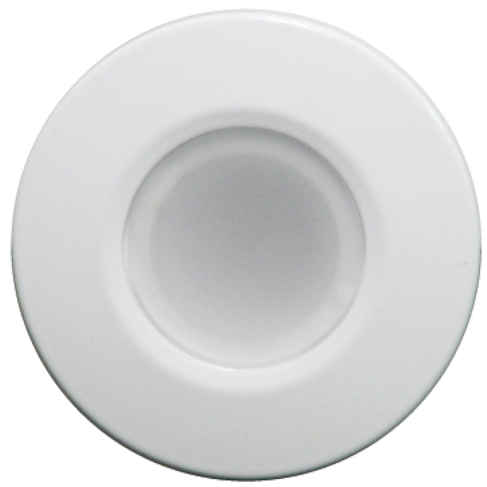 Lumitec Orbit flush mount down light in white finish, non-dimming dome LED lighting for ceiling installation.