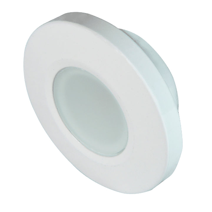 Lumitec Orbit flush mount down light in white finish, non-dimming dome light with sleek, modern design for interior illumination.