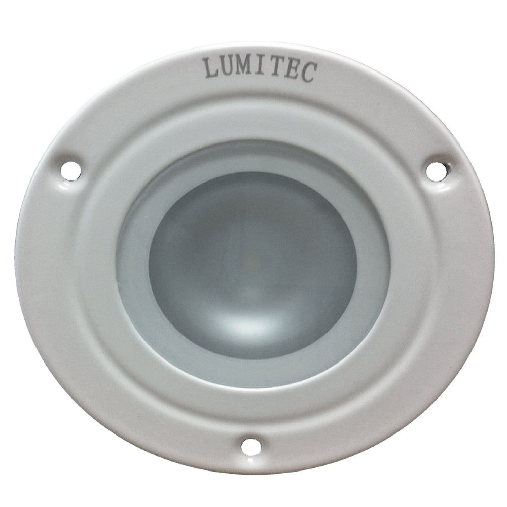 Lumitec Shadow flush mount down light in white finish with Spectrum RGBW LED, dome-style LED lighting for indoor or outdoor use.