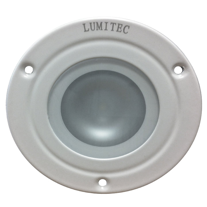 Lumitec Shadow flush mount down light in white finish with Spectrum RGBW LED, dome-style LED lighting for indoor or outdoor use.