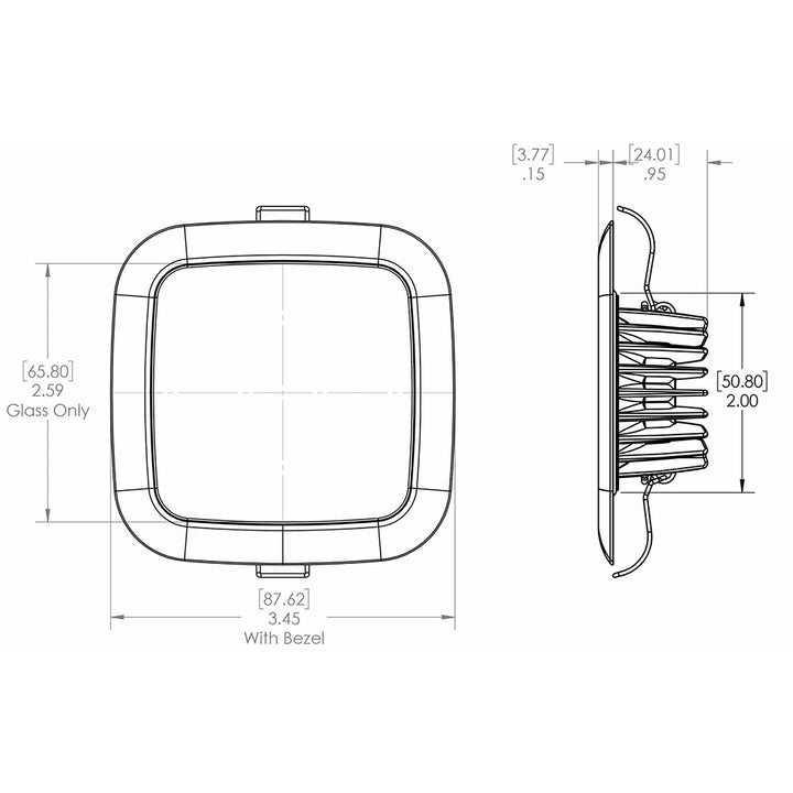Lumitec Square Mirage Down Light with polished bezel, warm white dimmable LED, high CRI, ideal for ceiling or accent lighting.