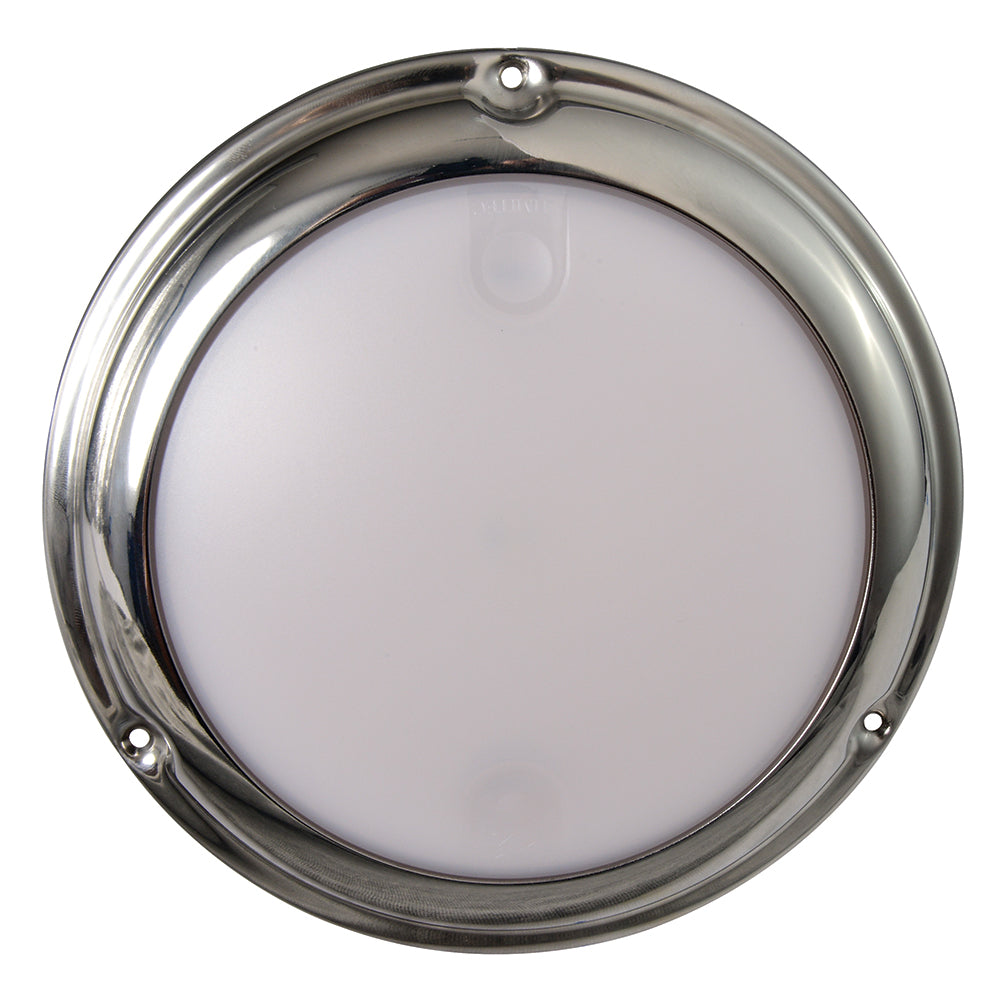 Lumitec TouchDome dome light in polished stainless steel finish with white and red dimmable LED lighting.