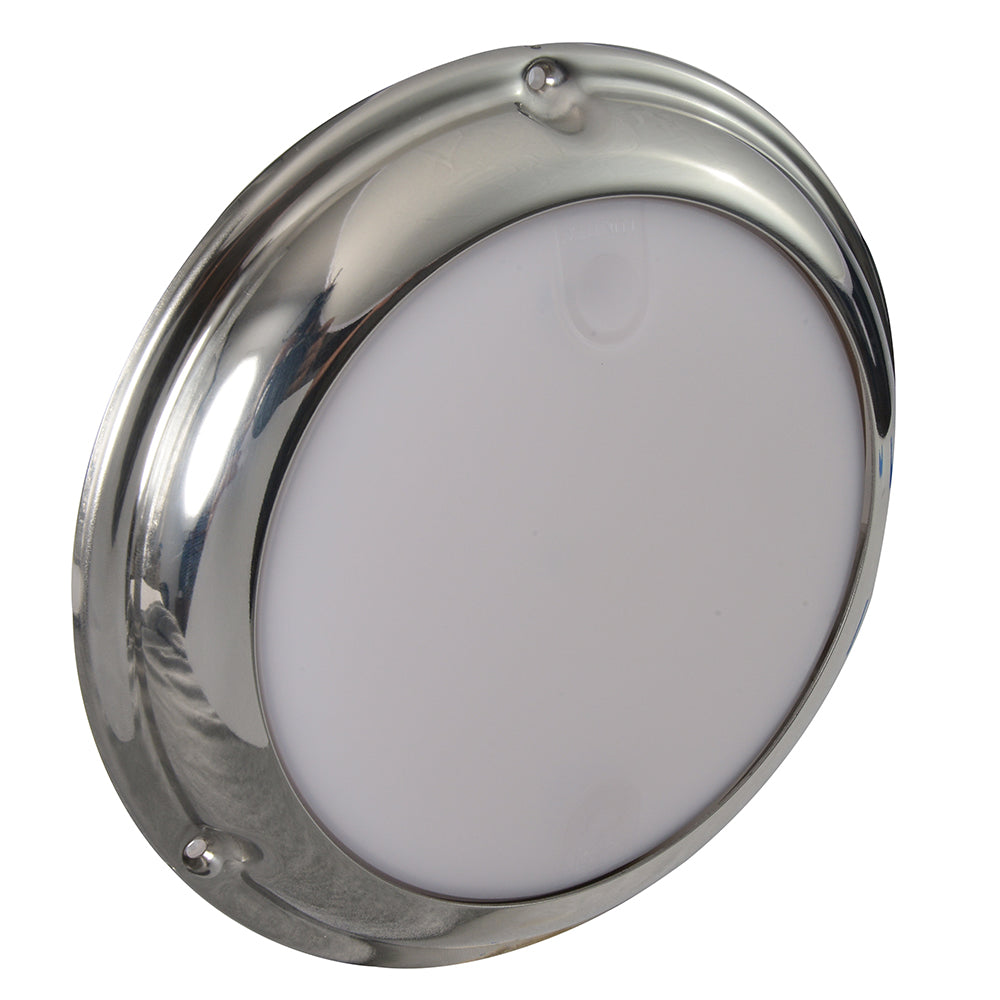 Lumitec TouchDome dome light with polished stainless steel finish, white and red dimmable LED lighting in a sleek down light design.