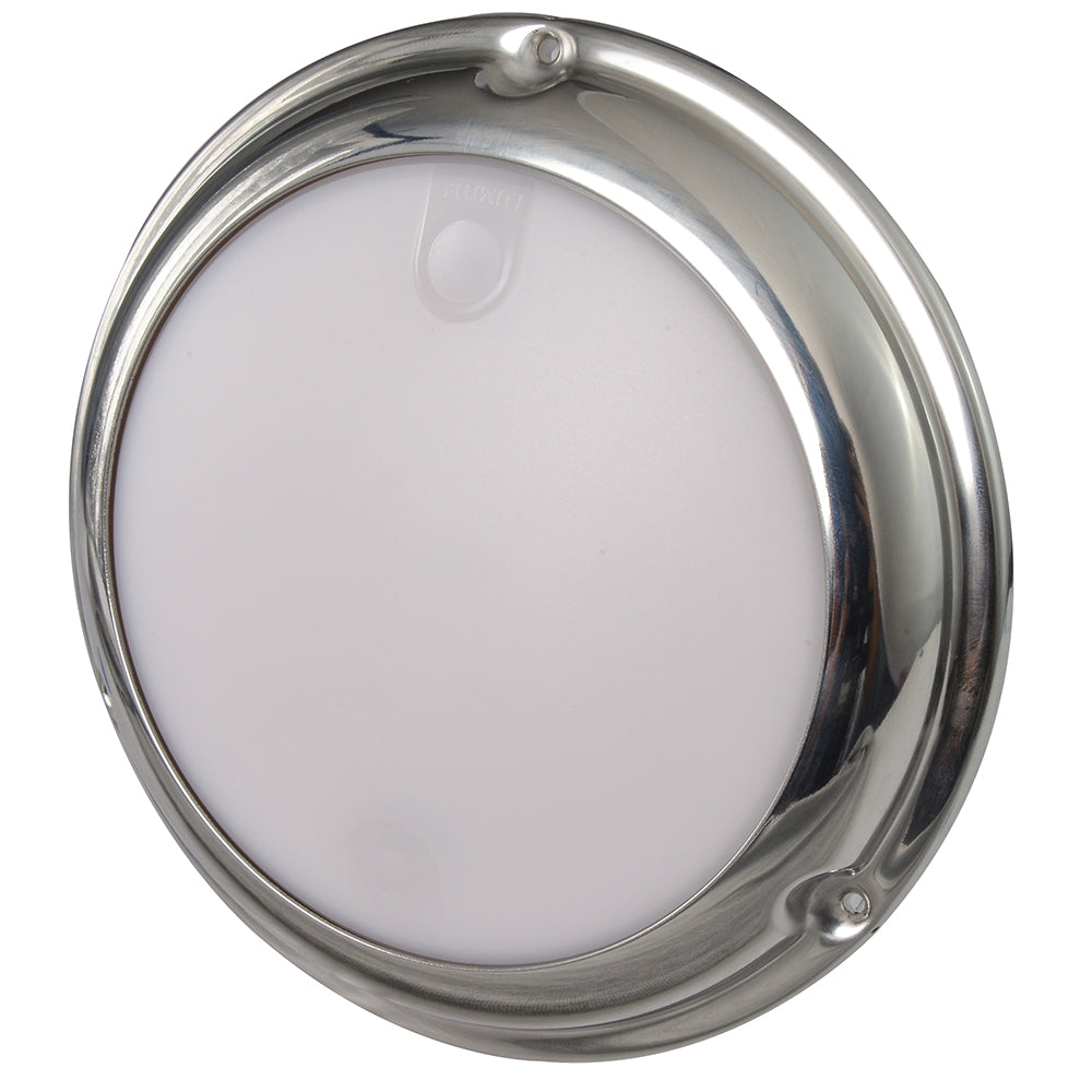Lumitec TouchDome dome light with polished stainless steel finish and 2-color white and red dimming options.